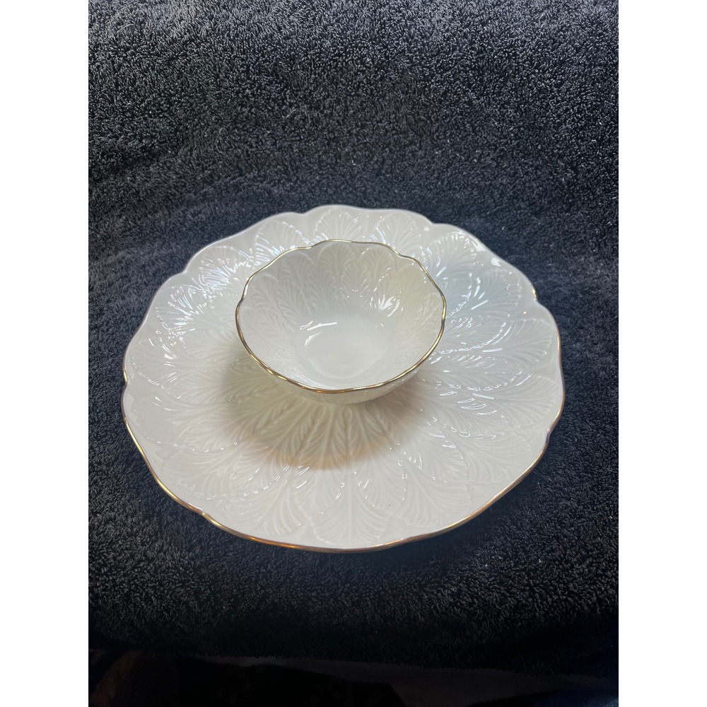 Lenox Chip and Dip Set Cream Gold Trim Embossed Leaf Fine China Made in USA